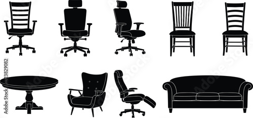 Furniture silhouettes collection with office chairs, wooden chairs, sofa and table isolated on white background interior design set