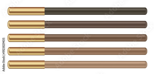 Set of cosmetic pencils. Thin and long brow liners. Brown and beige pencils with gold caps.	