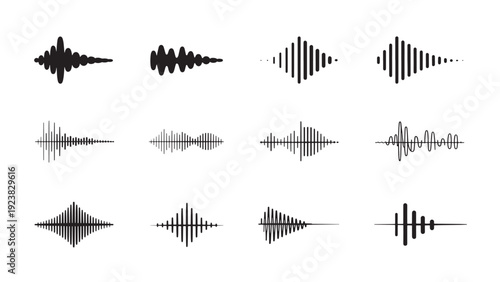 A dynamic collection of unique sound waveform graphics, ideal for visual representations of audio, music production, digital signals, and technology interfaces.