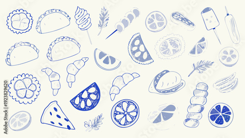 Spanish street food flat vector icons set with empanadas fruits and herbs for culinary design