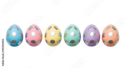 A row of colorful Easter eggs with floral patterns on a transparent background