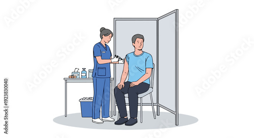 A nurse administering an injection to a patient in a clinic examination room with medical supplies on a table.