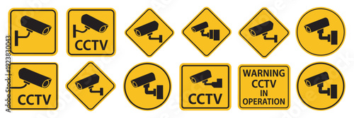 CCTV Flat Banner Icon Set, Security Technology System, Surveillance Camera Symbols, White Background Vector Collection