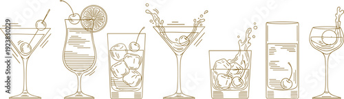 Set of Hand Drawn Alcoholic Cocktail Glassware Icons Featuring Martini Gin Tonic and Mixed Drinks with Ice and Fruit Garnishes