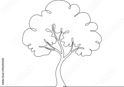 Canvastavla Continuous line drawing of a tree with a large leafy crown and thin branches on