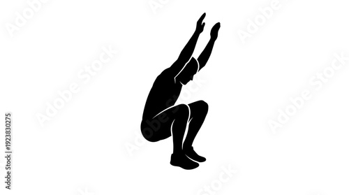 A silhouette of a person jumping in the air, captured against a clean backdrop. The person's arms are raised, and the legs are bent, showcasing mid-jump action
