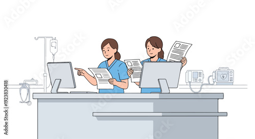 Two nurses working at a hospital reception desk with computers and medical equipment in a clinic setting.