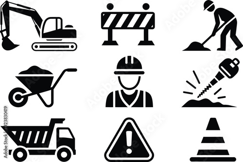 Construction site icon set in black silhouette style, industrial work equipment and builder symbols, 9 vector icons for roadwork and building projects