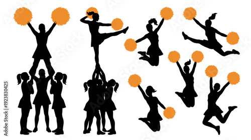Cheerleaders silhouettes in action, jumping and holding pom-poms, depicting a dynamic team performance
