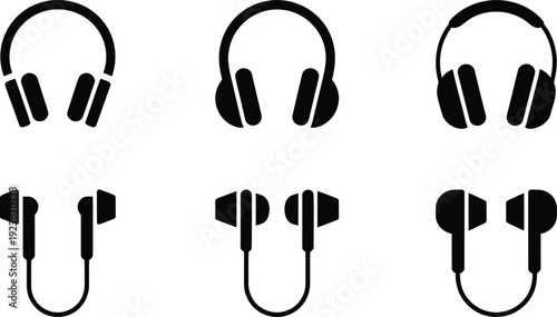 Minimalist headphone icons set, black audio equipment silhouettes, 6 vector earphone symbols for music and podcast apps, flat electronic device graphics