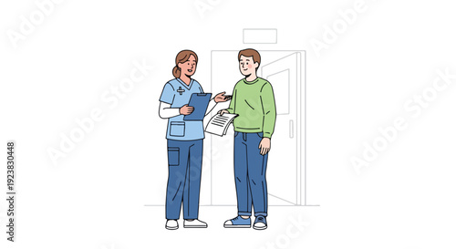 A nurse in blue scrubs discusses a clipboard with a patient wearing a green sweater in a clinic setting.