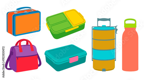 Various lunch containers with diverse shapes and colors for food storage