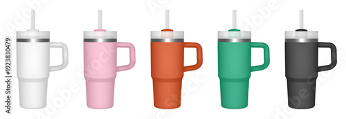 Thermo cup with handle and straw. 14 oz. 3d mockup of a travel thermos. Set of white, pink, orange, green, and black mugs. Tumbler template. White lid.