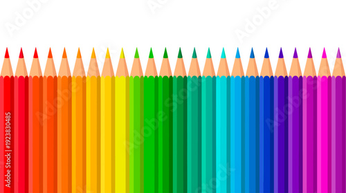 Vibrant collection of colorful pencils in a row, showcasing a spectrum of hues and shades