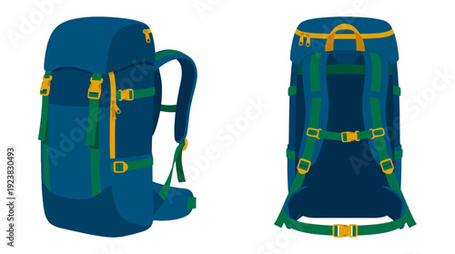 A detailed front and back view of a blue and green hiking backpack, essential for outdoor adventures.The backpack features multiple compartments, straps, and buckles.