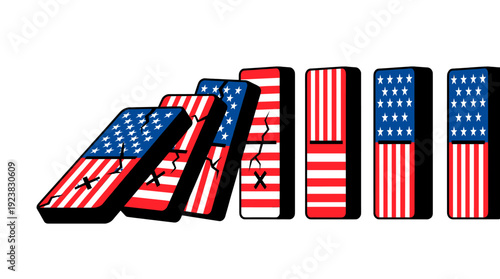 Dominoes fall over in a row with American Flag decoration, Symbolizing the unity and resilience of the United States.  A captivating display that represents national spirit and teamwork.