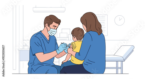 A nurse in blue scrubs and a surgical mask administers a vaccination to a young child held by its mother in a clinic.