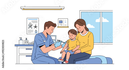 A nurse in blue scrubs examines a young child on an examination table while the child's mother looks on in a clinic