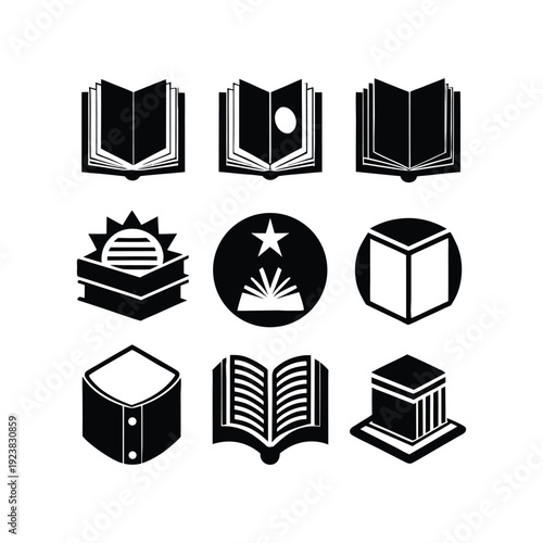 Black and White Education Vector Icons Featuring Books Knowledge and Learning.