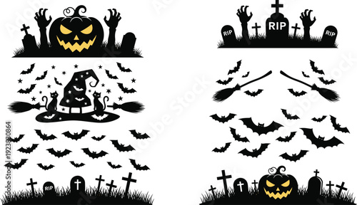 Spooky Halloween border set featuring jack o lantern pumpkins, graveyard tombstones, flying witches, and bats cad drawing flat vector illustration.