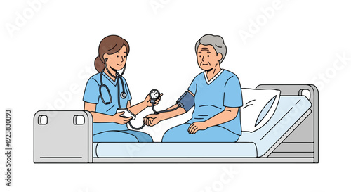 A nurse takes the blood pressure of an elderly patient in a hospital bed at a clinic with a stethoscope around her neck.