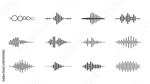 A curated selection of twelve distinct sound wave and audio signal graphics, ideal for multimedia and technology projects.