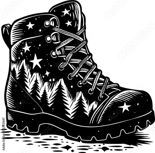 hiking boot with forest and star pattern, rugged outdoor footwear for adventures and exploration