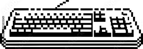 Retro pixel art computer keyboard with cable isolated on white background, minimalist monochrome digital interface nostalgia design
