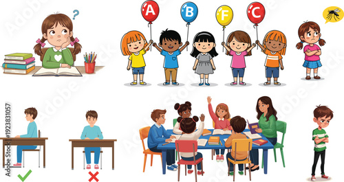 A colorful illustration of diverse children in classroom settings with balloons and educational activities