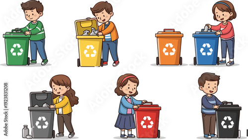 Children engaging in proper waste segregation and recycling practices with colorful bins