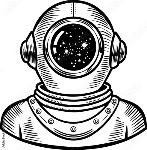 Vintage deep sea diver helmet with starry galaxy reflection, retro underwater exploration equipment illustration