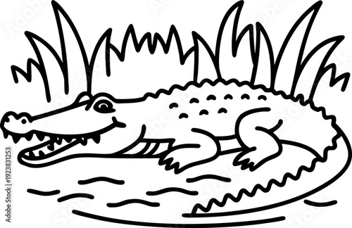 Crocodile lying on riverbank with tall grass background, reptile relaxing near water habitat in nature