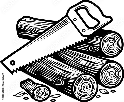 Handsaw resting on wooden logs with detailed texture and concentric rings in black and white illustration