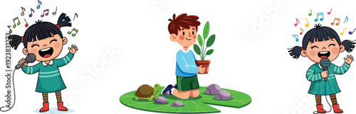 Children engaging in gardening and music activities with joy and enthusiasm