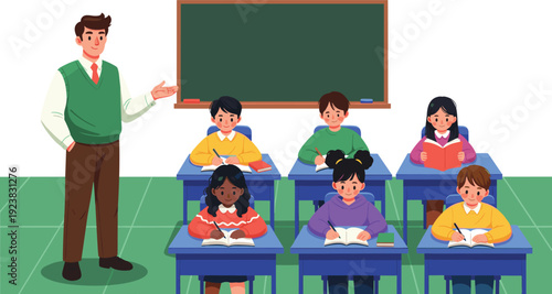 A teacher standing in front of a classroom with students sitting at desks