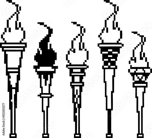 pixel art torches with flames in various designs black and white digital icons for fire, lighting, and medieval themes