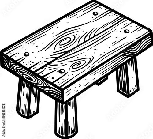 wooden stool with rustic plank seat and sturdy legs, detailed hand drawn furniture illustration
