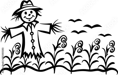 Scarecrow in cornfield with birds flying above, rural farming landscape and crop protection concept