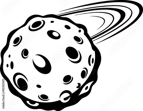 Asteroid with craters and rings flying through space, cosmic celestial body illustration in black and white