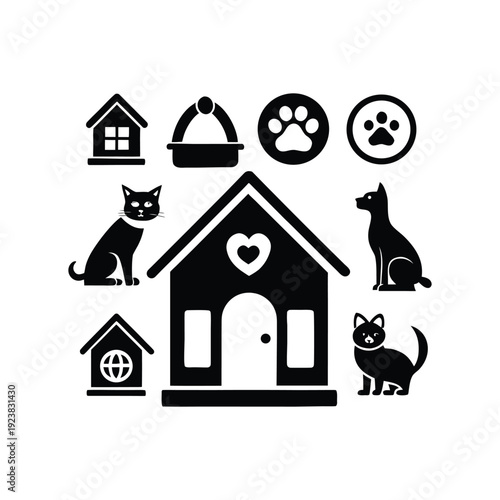 Minimalist Pet Shelter Icon Set Featuring Cats Dogs Houses and Paw Prints.