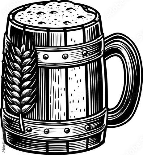 Wooden beer mug filled with frothy beer and a barley ear decoration, vintage illustration