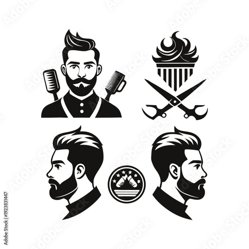 Professional Barber Shop Icon Set Featuring Bearded Men Scissors and Grooming Symbols.