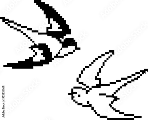 pixel art flying swallows in black and white minimalist birds with spread wings, digital retro design