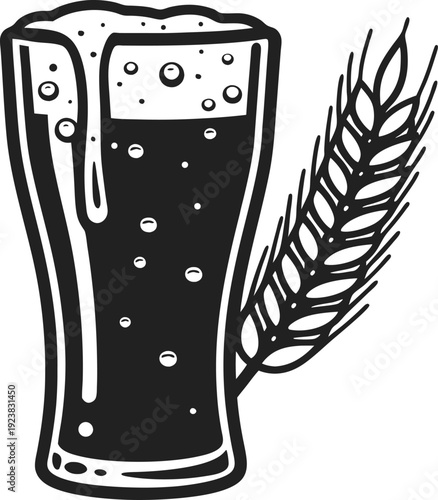 Glass of beer with foam and bubbles beside barley or wheat stalk, classic brewing ingredients symbol