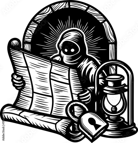 Dark cloaked figure reading ancient scroll beside lantern and locked padlock in mysterious setting