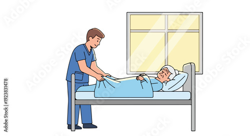 A nurse in blue scrubs tends to an elderly patient lying in a hospital bed near a window in a clinic.