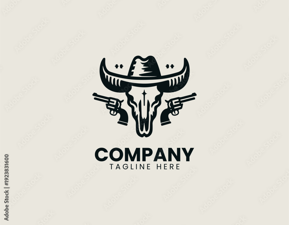 Fototapeta premium Western longhorn skull with cowboy hat and revolver elements in clean modern vector illustration