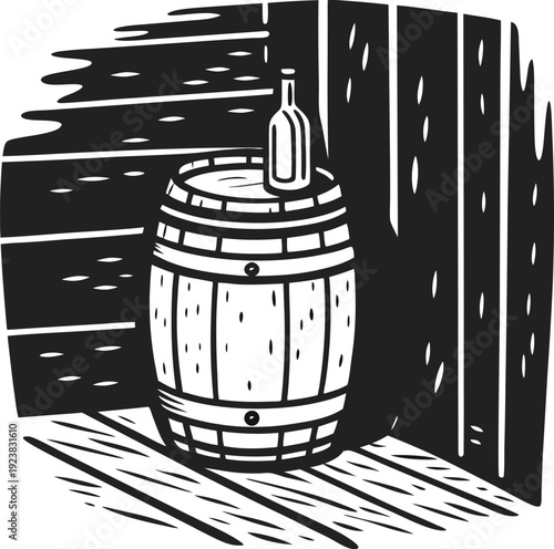 Wooden barrel with bottle on top standing in a rustic corner with wooden walls and floor, vintage cellar design