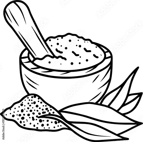 Mortar and pestle with ground spice and fresh leaves, herbal cooking and natural seasoning ingredients illustration
