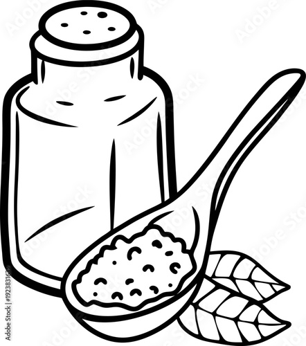 Salt shaker with spoonful of salt and leaves simple black and white line drawing of condiment container and granular seasoning with natural elements